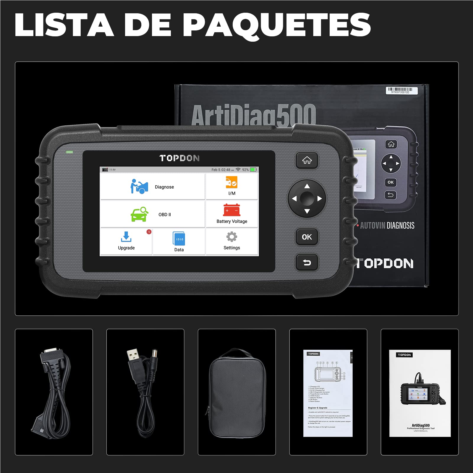 TOPDON ArtiDiag500 OBD2 Diagnosis Scanner para 4 Sistemas Motor Transmisión ABS SRS, 6 Servicios de Aceite/SAS/ETS/TPMS/BMS/Freno Máquina Diagnosis Multimarca, Actualización Gratuita por Wi-Fi