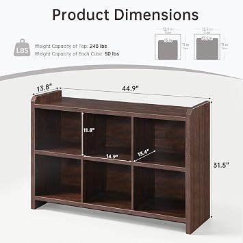 6 Cube Low Storage Organizer, 45 Long Horizontal Bookshelf, Dark Walnut