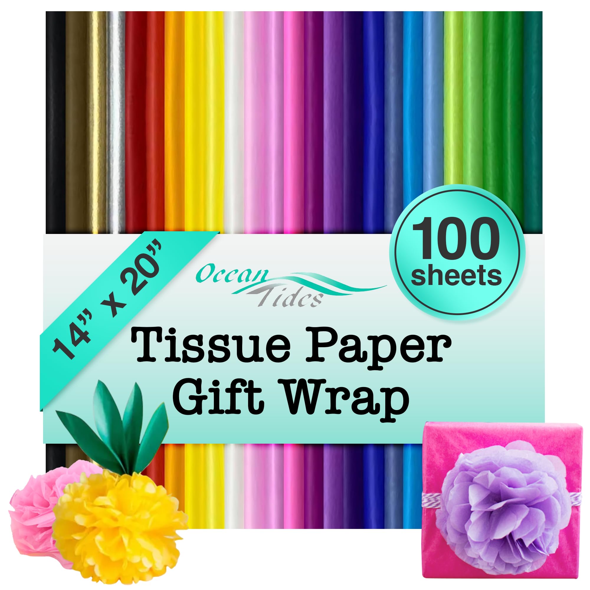 Ocean Tides Premium 100 Sheets (14 x 20 Inches) Valentine’s Wrapping Paper – 25 Colors Gift Wrapping Tissue Paper Bulk for Romantic Gifts & Birthdays – Colored Tissue Papers for Gift Bags, Assorted