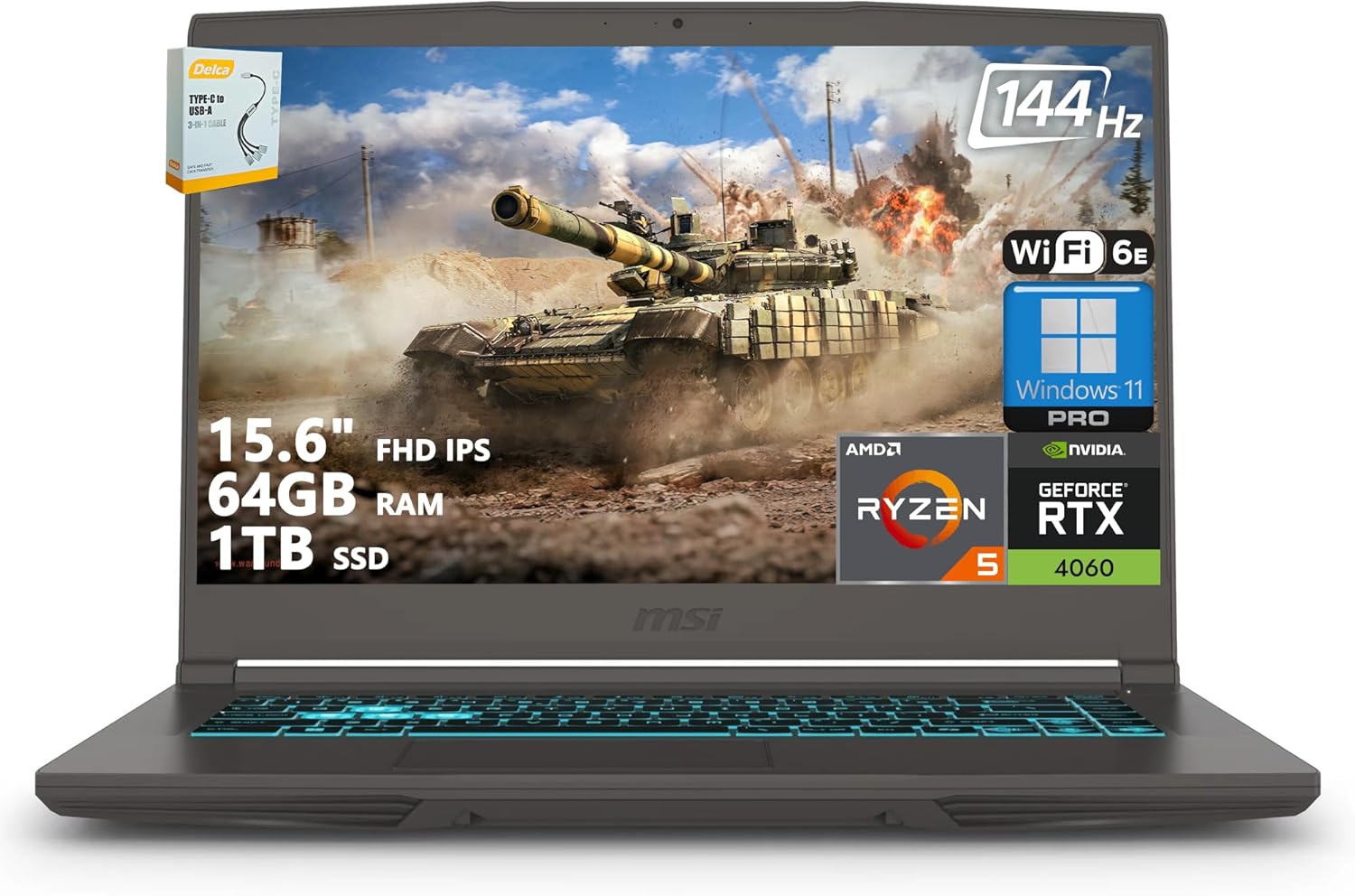 MSI Thin A15 Gaming Laptop | 15.6″ FHD IPS 144Hz | AMD 6-Core Ryzen 5 7535HS | 64GB RAM 1TB SSD | GeForce RTX 4060 8GB GDDR6 | Backlit USB-C Wi-Fi 6E Win11 Pro w/DLCA Accessory