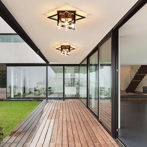 Miniatura 8 de Lámpara de techo semiempotrada, lámpara de techo industrial de 4 luces con marco negro y detalle de grano de madera, iluminación de granja cerca del