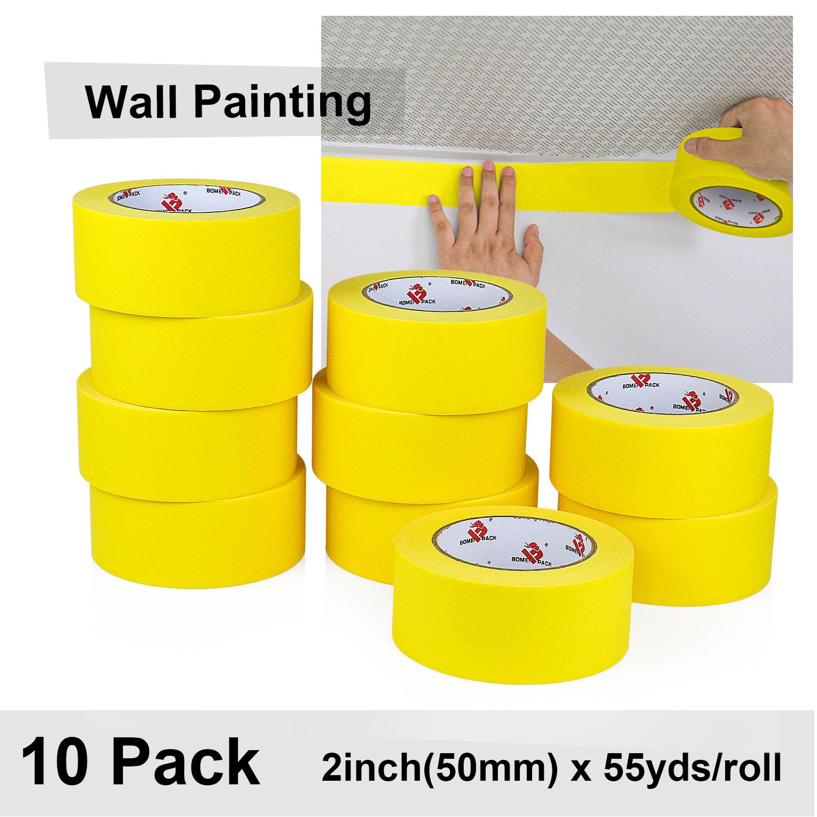 BOMEI PACK 10 rotoli di nastro adesivo per pittori da 5,1 cm, 5 cm x 50 m, per pittura murale per uso generico, miglioramento della casa (giallo)