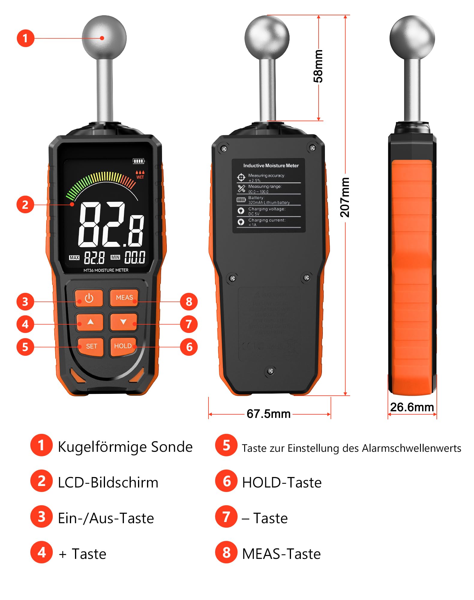 Feuchtigkeitsmessgerät Wand & Holz, Zerstörungsfreies Feuchtemesser mit Kugelsensor, 40mm Tiefenscan USB-C Aufladbar LCD Farbbildschirm Feuchtemessgerät für Beton,Estrich,Wohnmobil-Inspektion