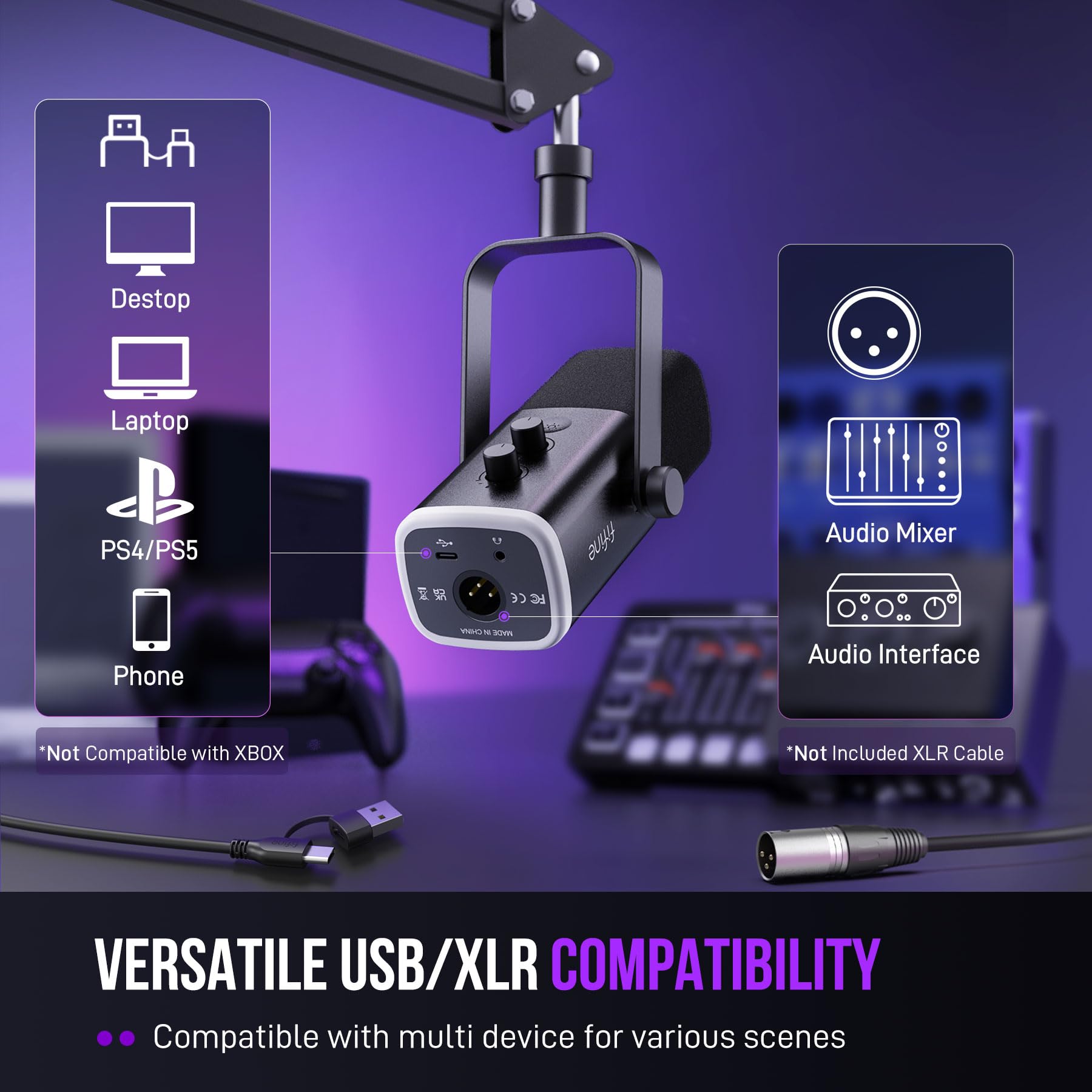 FIFINE Zestaw mikrofonu gamingowego XLR/USB na PC/MAC/PS5/mikser, dynamiczny z ramieniem RGB, wyciszaniem, pokrętłem wzmocnienia do podcastów, wokalu – AM8T