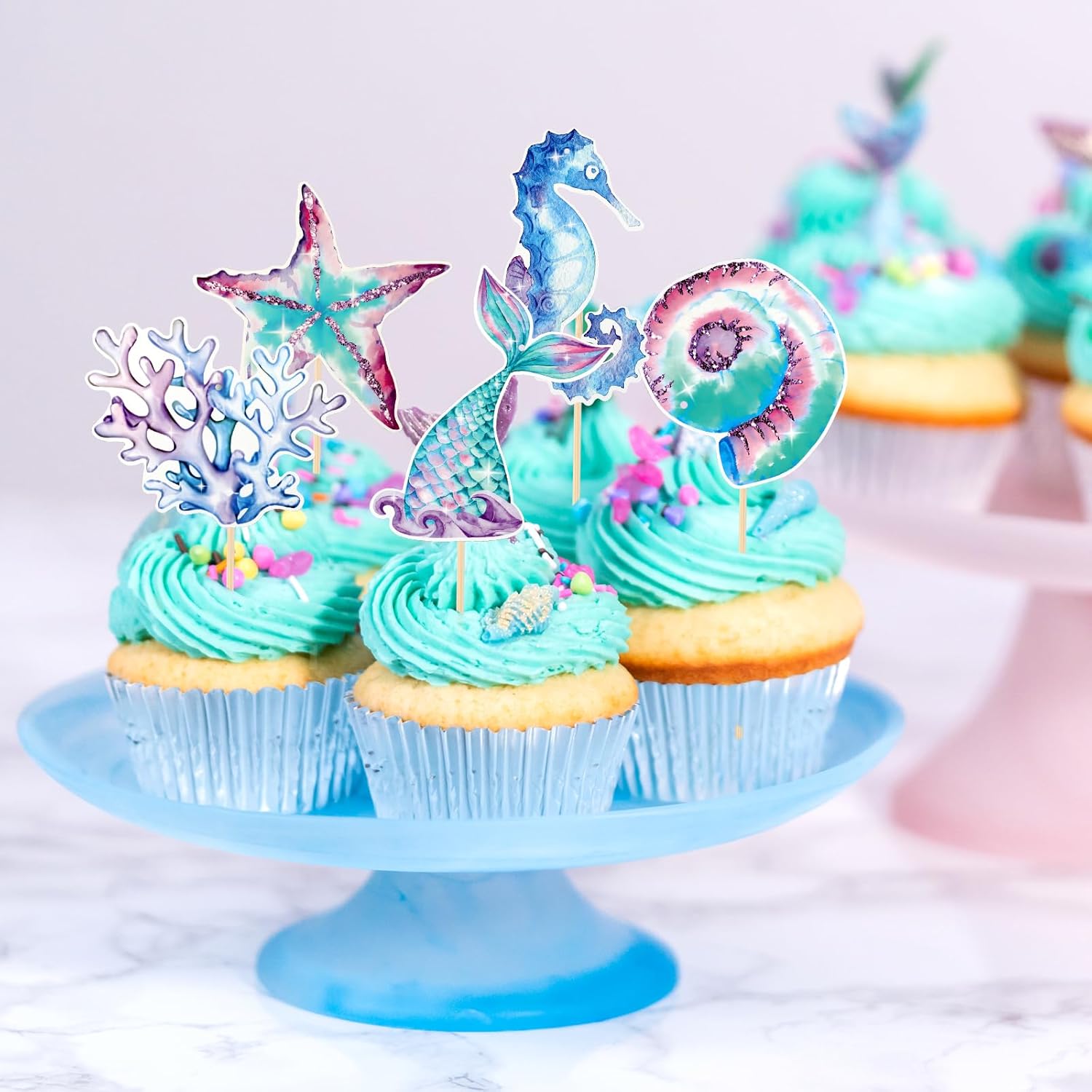 36Pcs Mermaid Tail Cupcake Toppers, Mini Under the Sea Shell Cake Decorations for Girls Mermaid theme Birthday Party Supplies