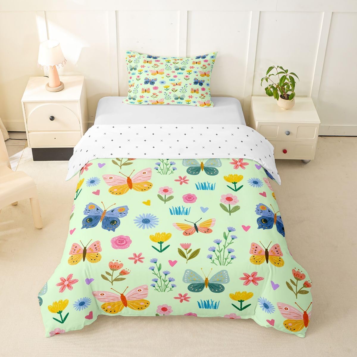 Castle Fairy Jungle Animal Duvet Cover Set Toddler Size,Cute Lion Tiger Elephant Crocodile Bear Bedding Set,Colorful Balloons Florals Room Decor,Green Brown Quilt Cover,1 Pillowcase(No Comforter)
