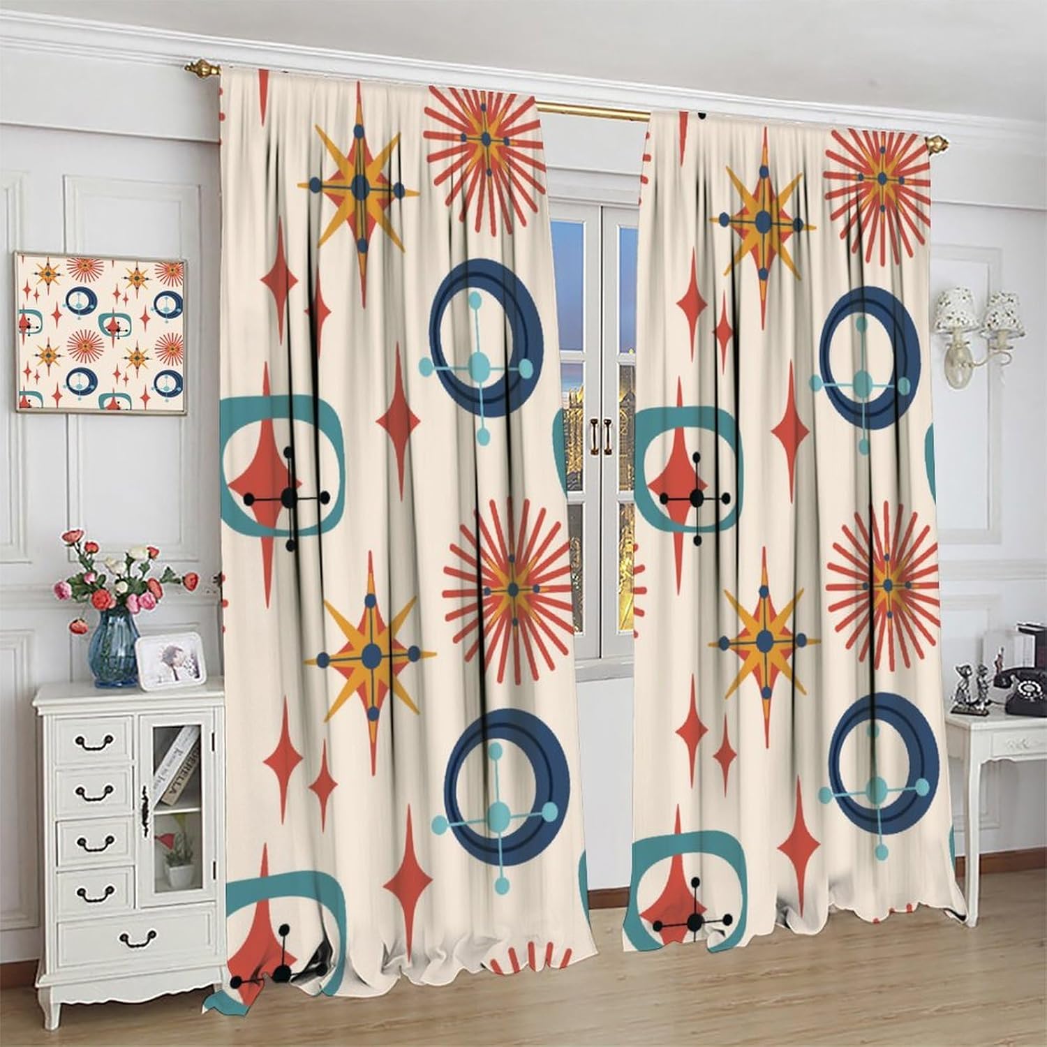 Retro 50s Curtains, Mid Century Modern Geometric Stars Pattern Blackout Window Treatments, Rod Pocket Thermal Insulated Drapes 2 Panel Sets for Bedroom Living Room, 52" W X 84" L