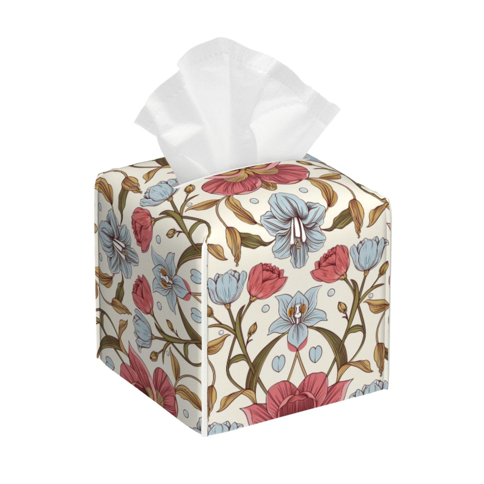Decorative Square Tissue Box Cover, Floral Pattern, Black and Gray Roses, PVC Leather, Waterproof Lightweight, Tissues Holder with Storage (Royal Pink A)