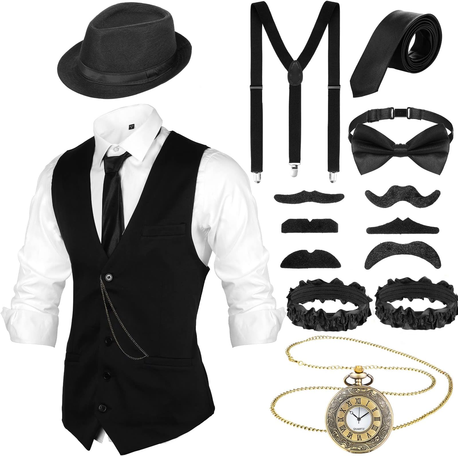 SATINIOR 1920s Mens Costume Roaring Costumes Outfit with 20s Gangster Vest Hat Pocket Watch Suspenders