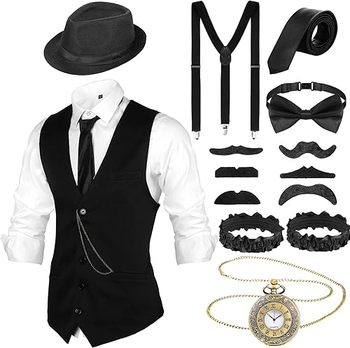 SATINIOR - Disfraz de los años 20 para hombre con accesorios, con chaleco de gángster, sombrero de Fedora, reloj de bolsillo vintage y tirantes