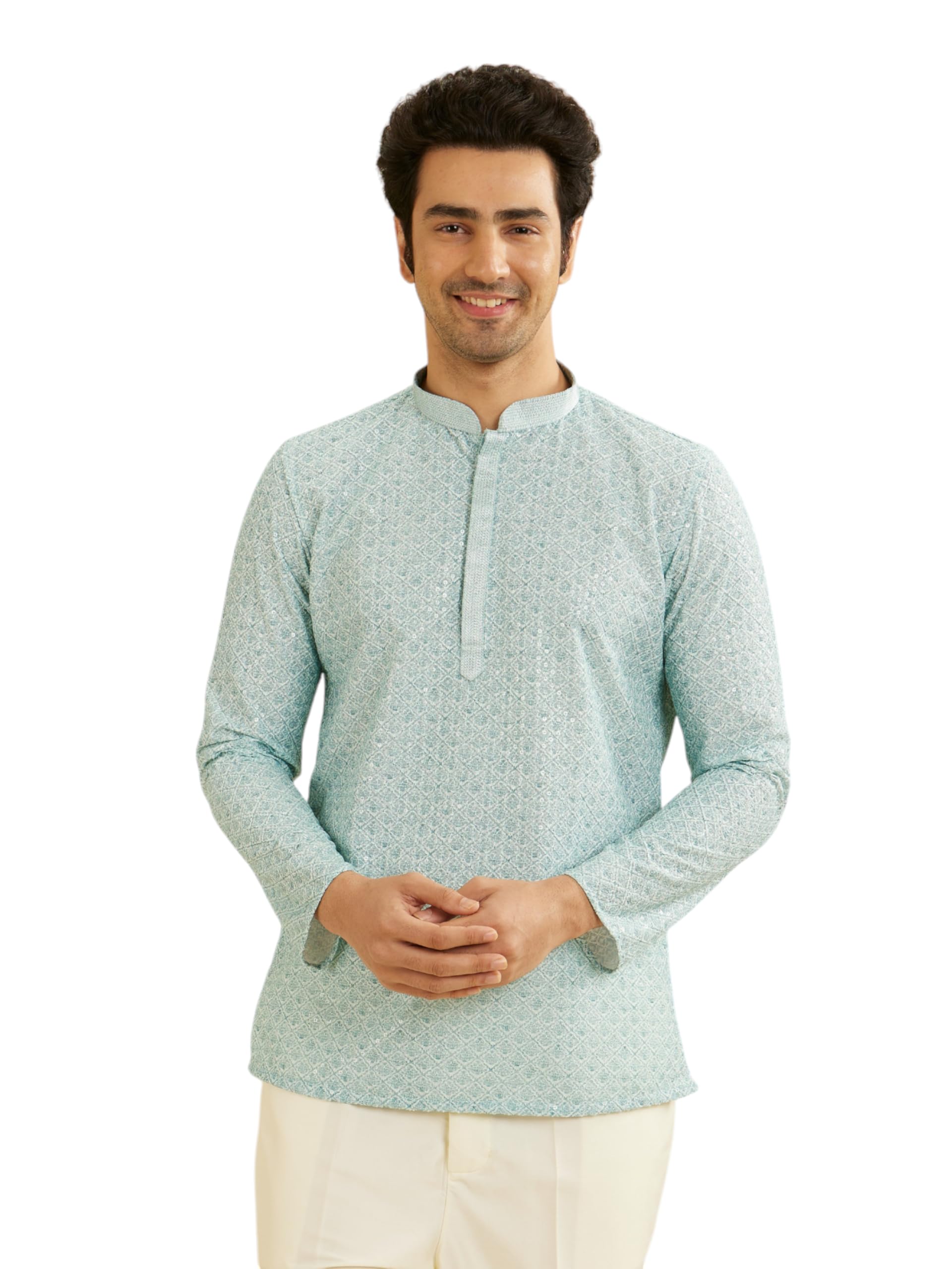manyavar Men's Blended Cotton Digital Print Short Kurta (1pc)-picture-31