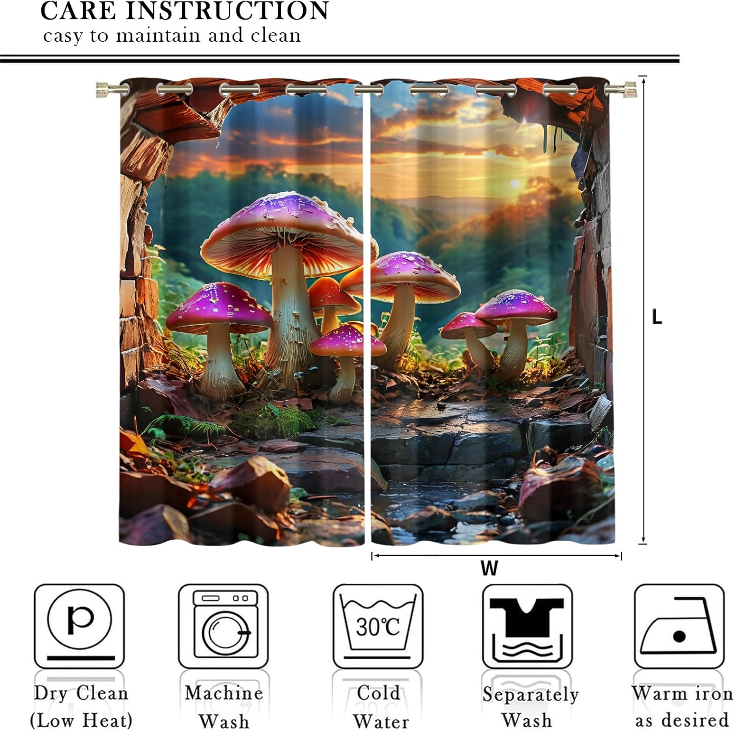 Mushroom Landscape Blackout Window Curtain, Colourful Mushrooms 3D Printed Drapes, Darkening Thermal Insulated Drapes for Bedroom Living Room Set of 2 Curtain Panels 27" W x 39" L x2