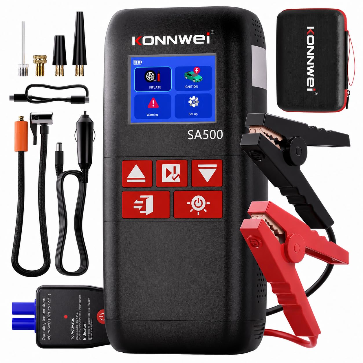KONNWEI SA500 Booster Batterie Voiture avec Gonfleur, 4-en-1 Démarreur Batterie Voiture, Gonfleur Pneus Voiture 150 PSI avec Compresseur à Air Portatif, pour Essence 8L et Diesel 6L, LED SOS