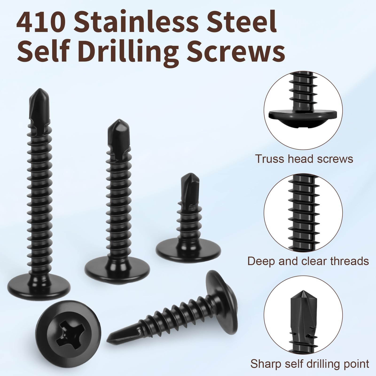 145 tornillos autorroscantes, tornillos autorroscantes de acero inoxidable 410 para metal, kits surtidos de tornillos de chapa metálica, chapados en zinc negro, tornillos autoperforantes de cabeza de