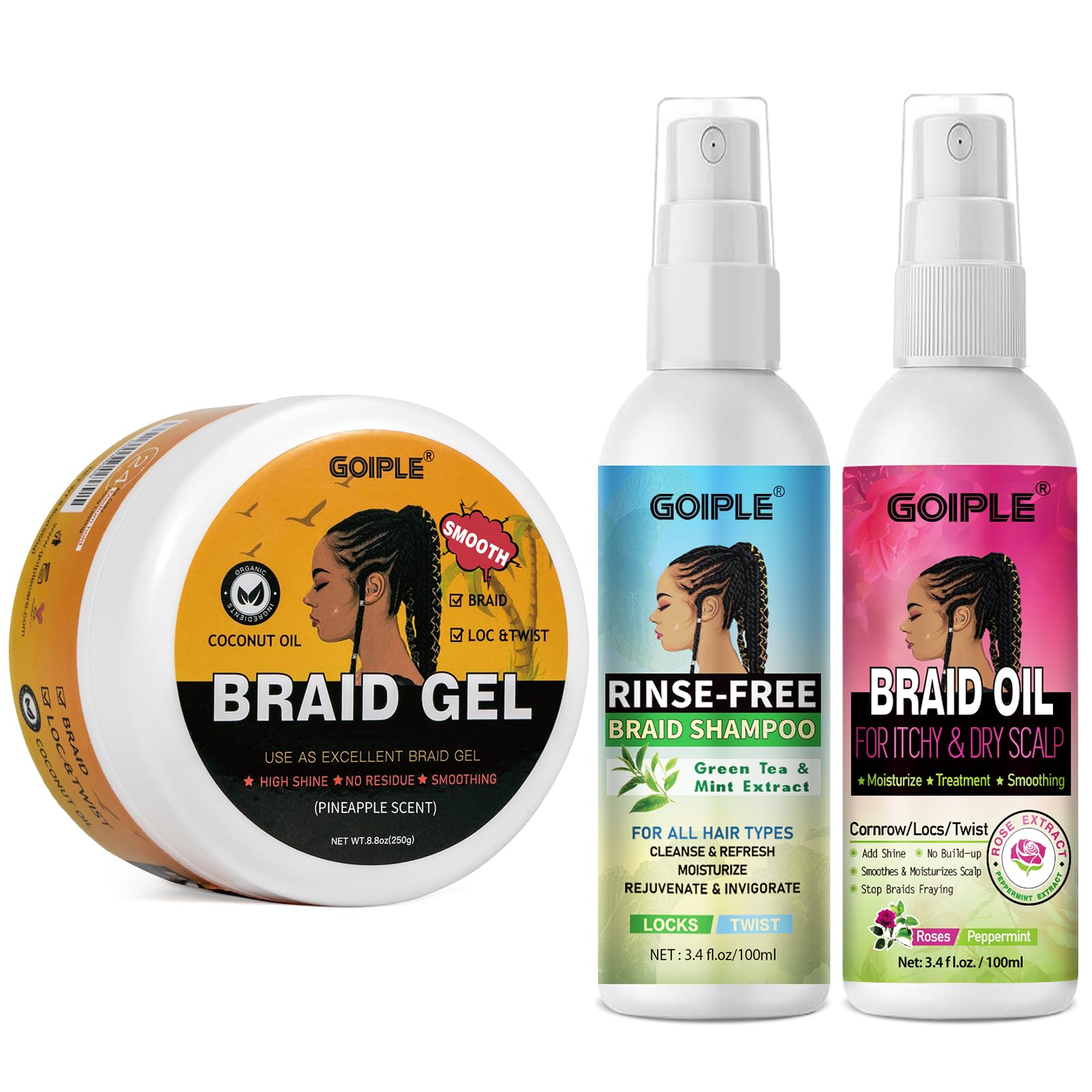 Coffret Gel Cheveux Bouclés avec Shampoing Tressé et Huile Spray – Lissant pour Twists, Locs, Tresses, Cornrows et Contrôle des Bords – Gel Cheveux Afro Kit Soin Coiffant Tressé Facile à Utiliser