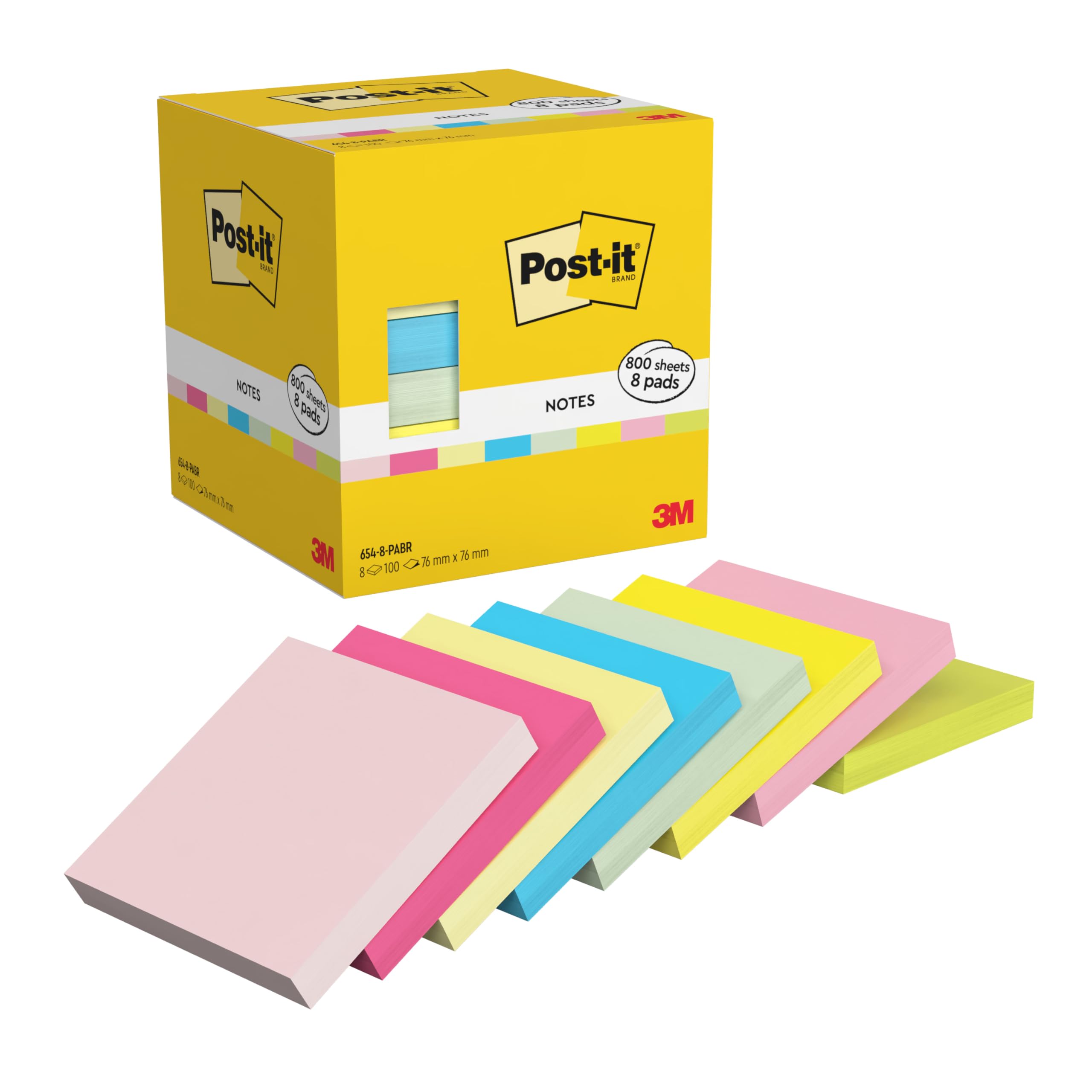 Post-it Notes, 800 Sheets, Pack of 8 Pads (76 mm x 76 mm) Assorted Colours - Self-Stick Notes for Note Taking, to Do Lists & Reminders, Recyclable