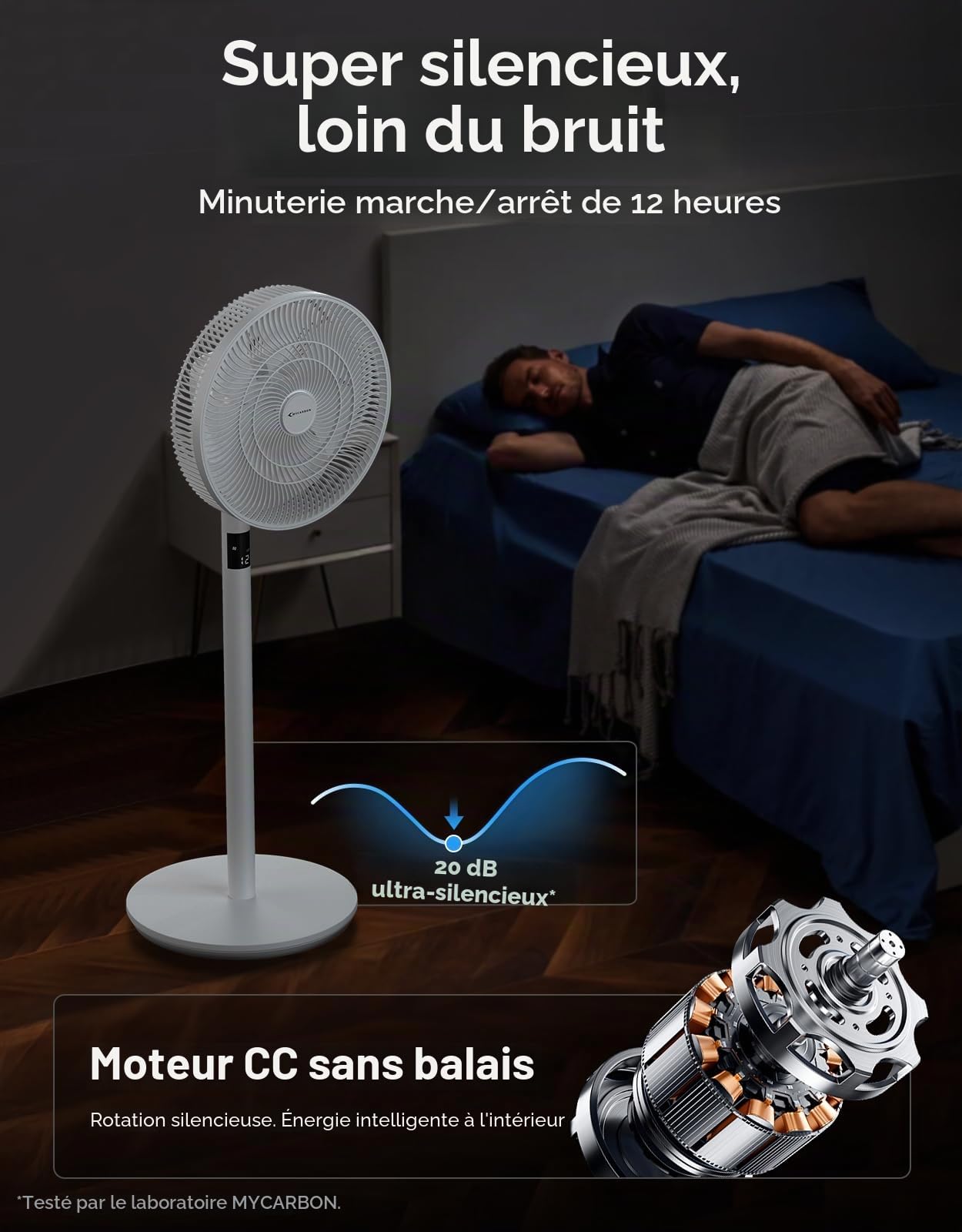 MYCARBON Ventilateur Sur Pied Silencieux avec Télécommande 20dB Moteur DC 2200m³/h 12 Vitesses 12h Timer Oscillation LED Écran Hauteur Réglable 102cm/74cm/48cm Ventilateur de Table pour Chambre