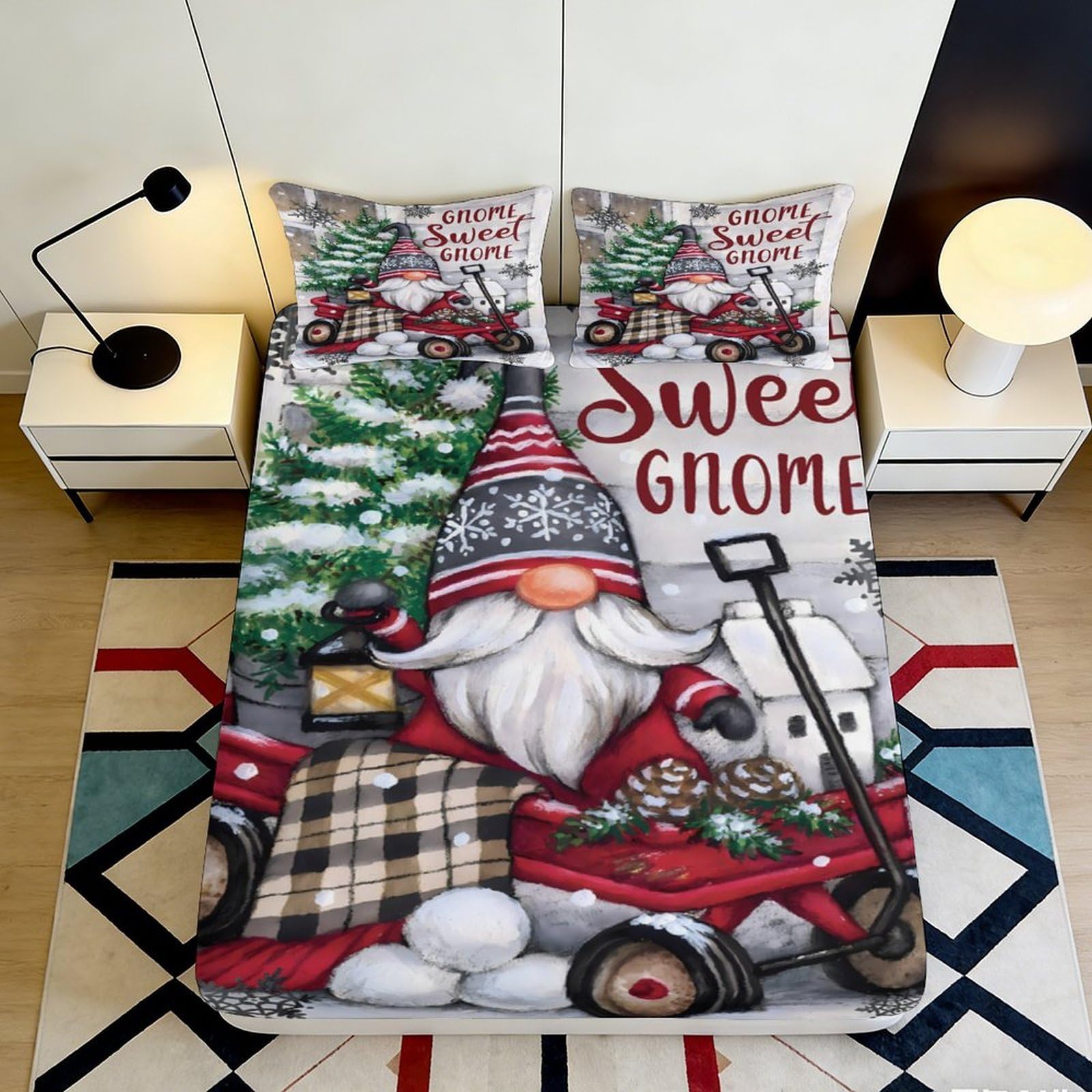 3D Printed Christmas Gnome Fitted Sheet Microfiber Soft Durable Winter Theme Bed Cover for Bedroom Dormitory Guest Room Mattress Protection 120x200x25cm
