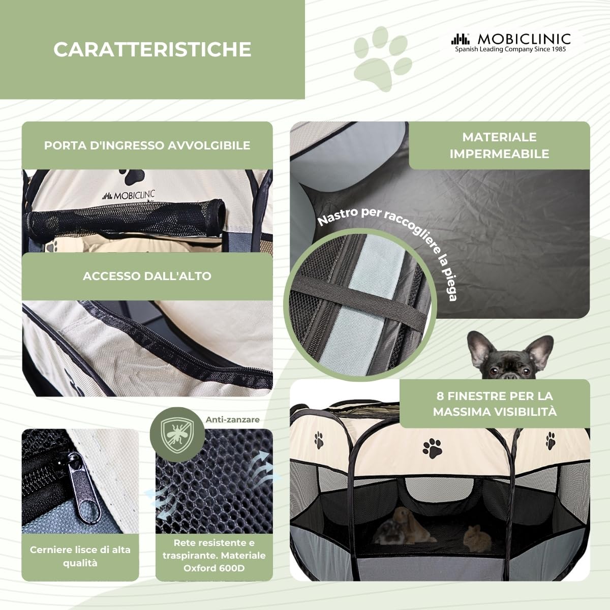 Mobiclinic® Pets, Recinto per cani, Pieghevole, 114x114x58 cm, Scooby, 2 Accessi, 8 Finestre, Elastico per il ripiegamento, Per interni ed esterni, Tessuto in rete 600D, Facile da pulire, Grigio