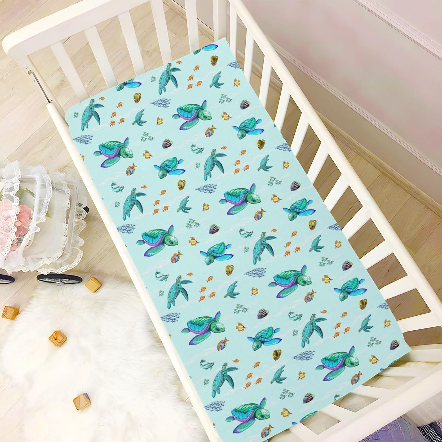 Sea Turtle Crib Sheets for Boys Girl Green Turquoise Ocean Beach Theme Fitted Playard Sheets Toddler Baby Bed Sheets Funny Little Fish Unisex Mini Crib Mattress 27x39 Inch