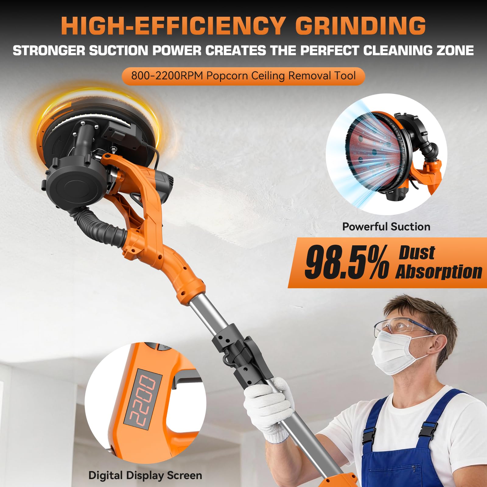 Protmex Trockenbauschleifer -1000W Wandschleifer mit Integriertem Staubsauger LED-Licht 6 Geschwindigkeiten 800-2200RPM Deckenschleifer mit 15 Schleifscheiben Schleifgiraffe