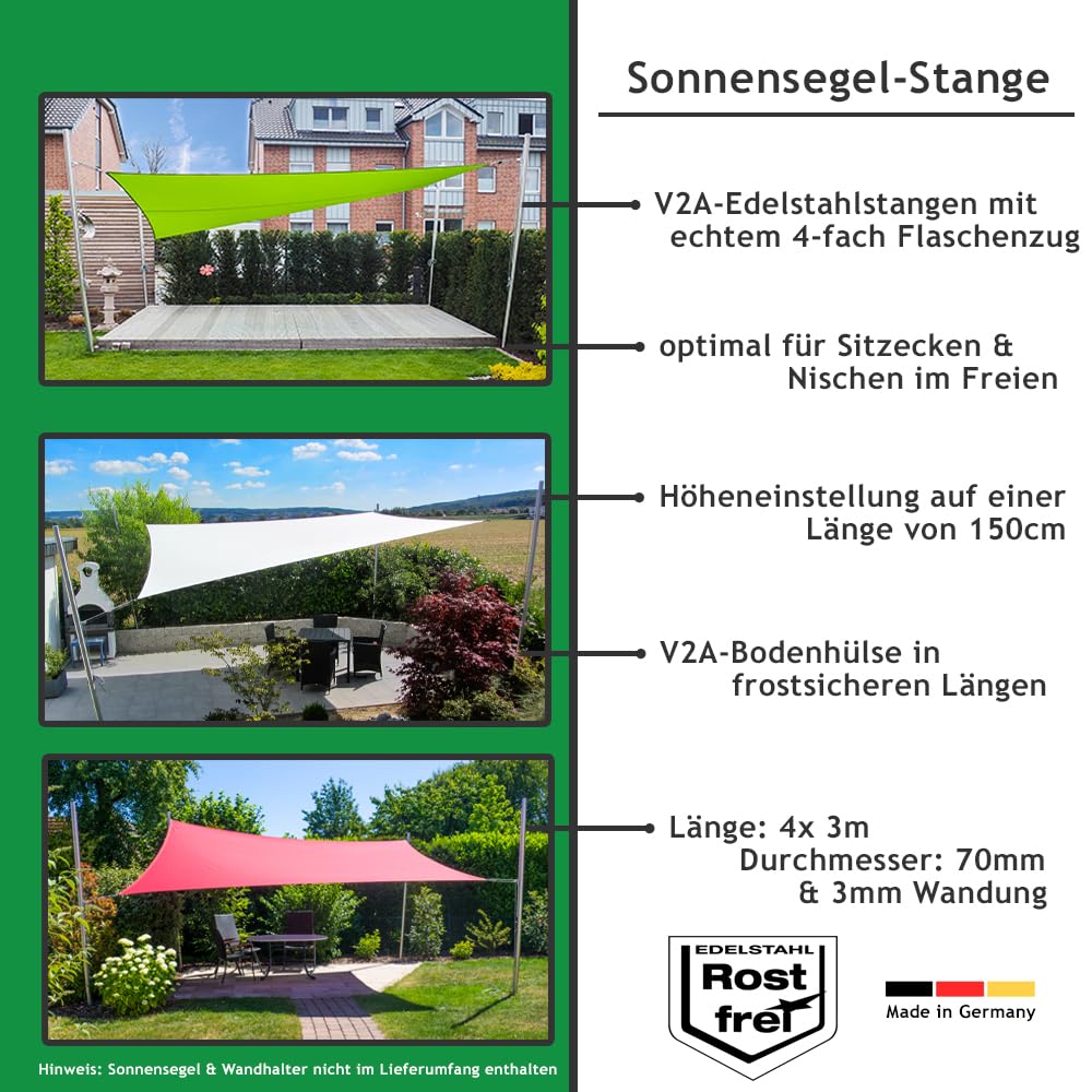 Amazon.de: Sonnensegel Stangen Set - 70mm, hhenverstellbar 3m, aus V2A  Edelstahl inkl. Zubehr - 4-Fach Flaschenzug-Set & 0,75m Bodenhlse |  Befestigung fr sehr groe Segel (4er Set)