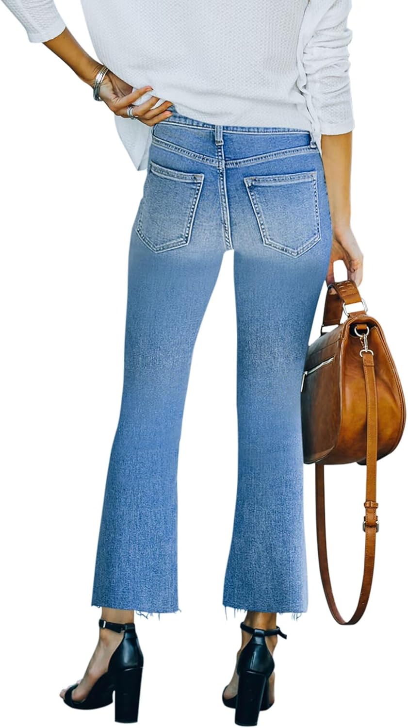 Flare Jeans for Women Cropped Stretchy Mid Rise Bell Bottom Jeans Womens Crop Flare Jeans with Raw Hem - Image 2