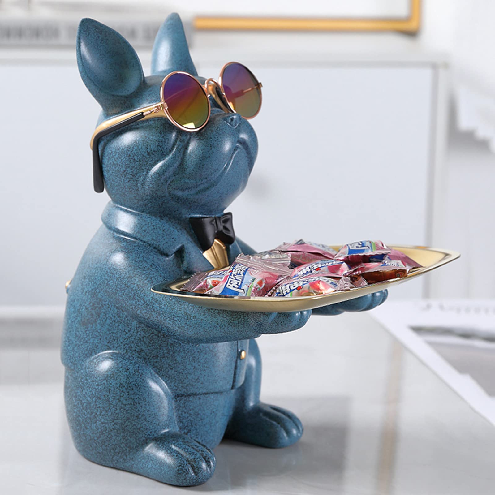 Sculpture Bouledogue Français Avec Plateau Rangement Bijoux - Résine