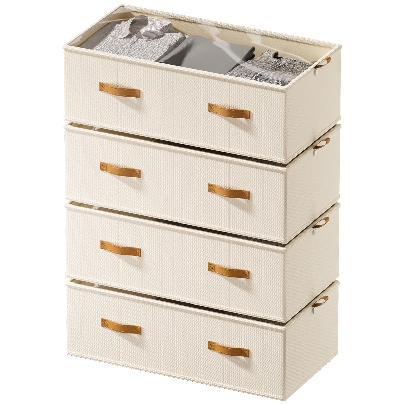 FHSQX Under Bed Storage Bins, Beige, 31.5x15.8x10 inch, 4 Pack