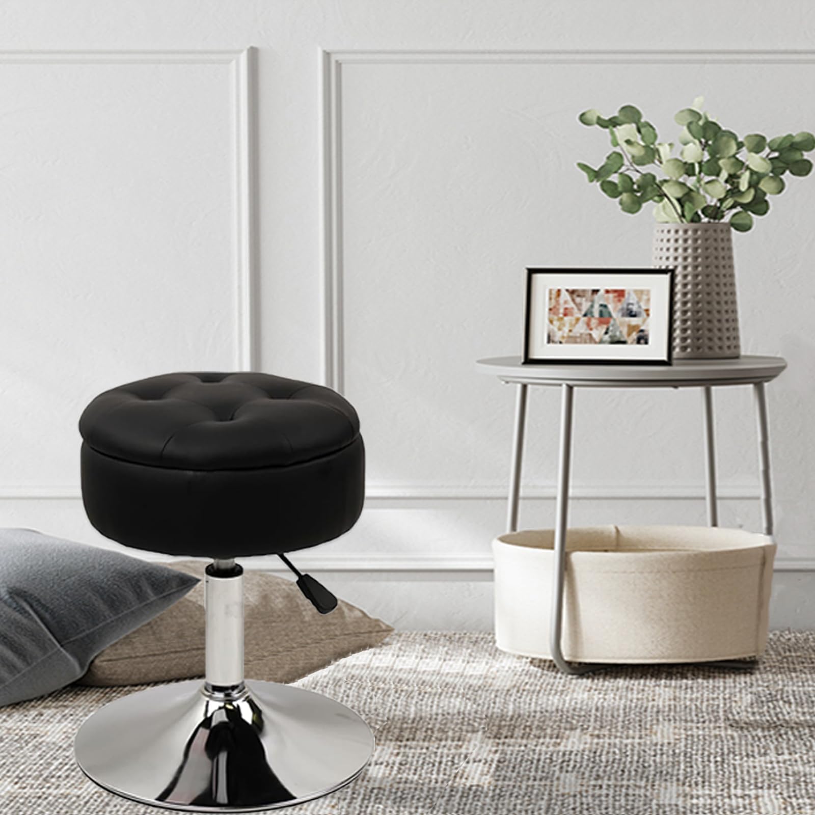 Klasika Tabouret de Coiffeuse avec Rangement, Pivotant à 360° Réglable en Hauteur Tabourets Chaise de Maquillage Rembourré, Rond Vanité Siège pour Chambre à Coucher, Salon, Noir