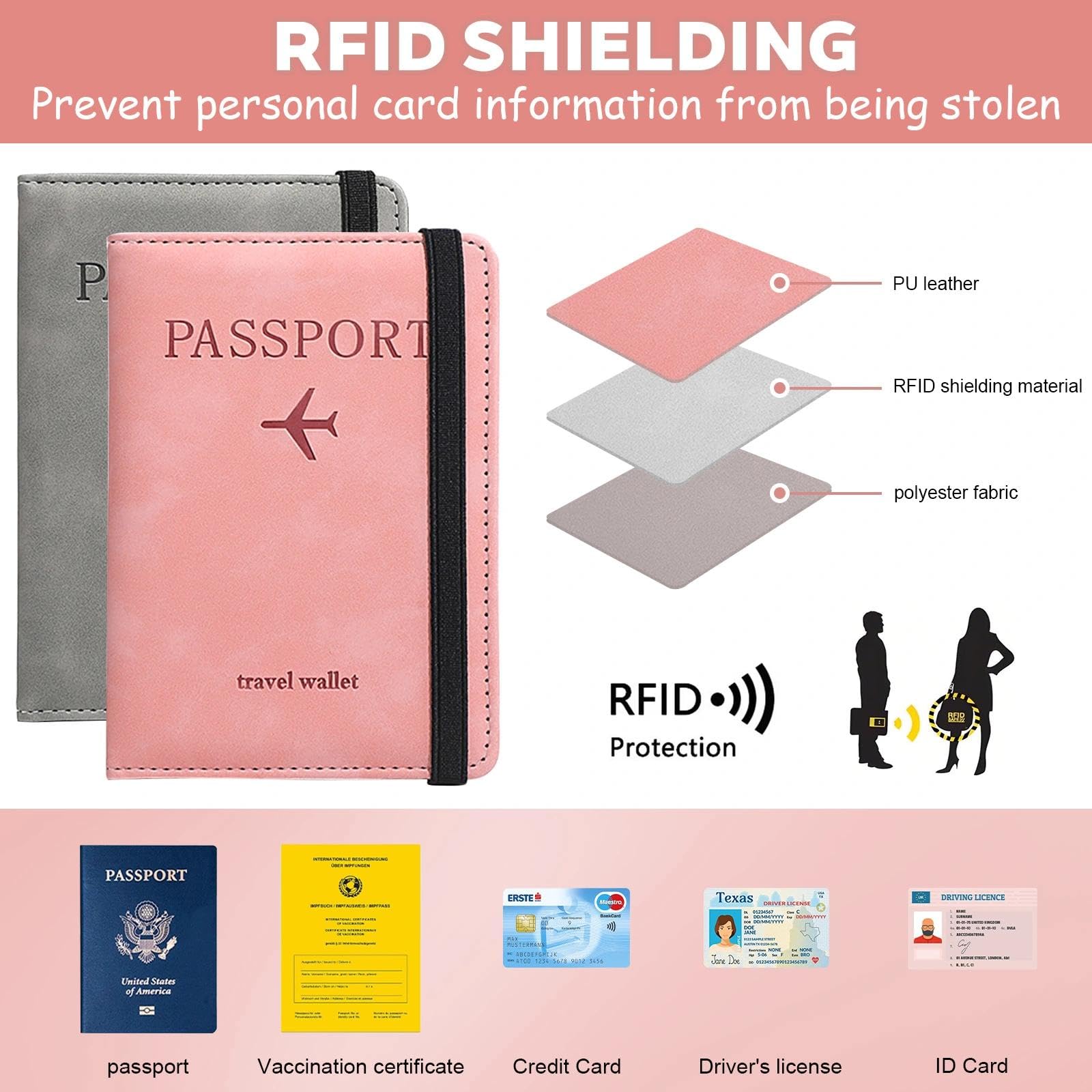 Lot de 2 Protege Passeport Pochette Passeport avec Blocage RFID Porte Passeport Etui Pochette Voyage PU Cuir Protection Cover pour Carte de CréDit, Carte Bancaire Argent (Rose, Gris)