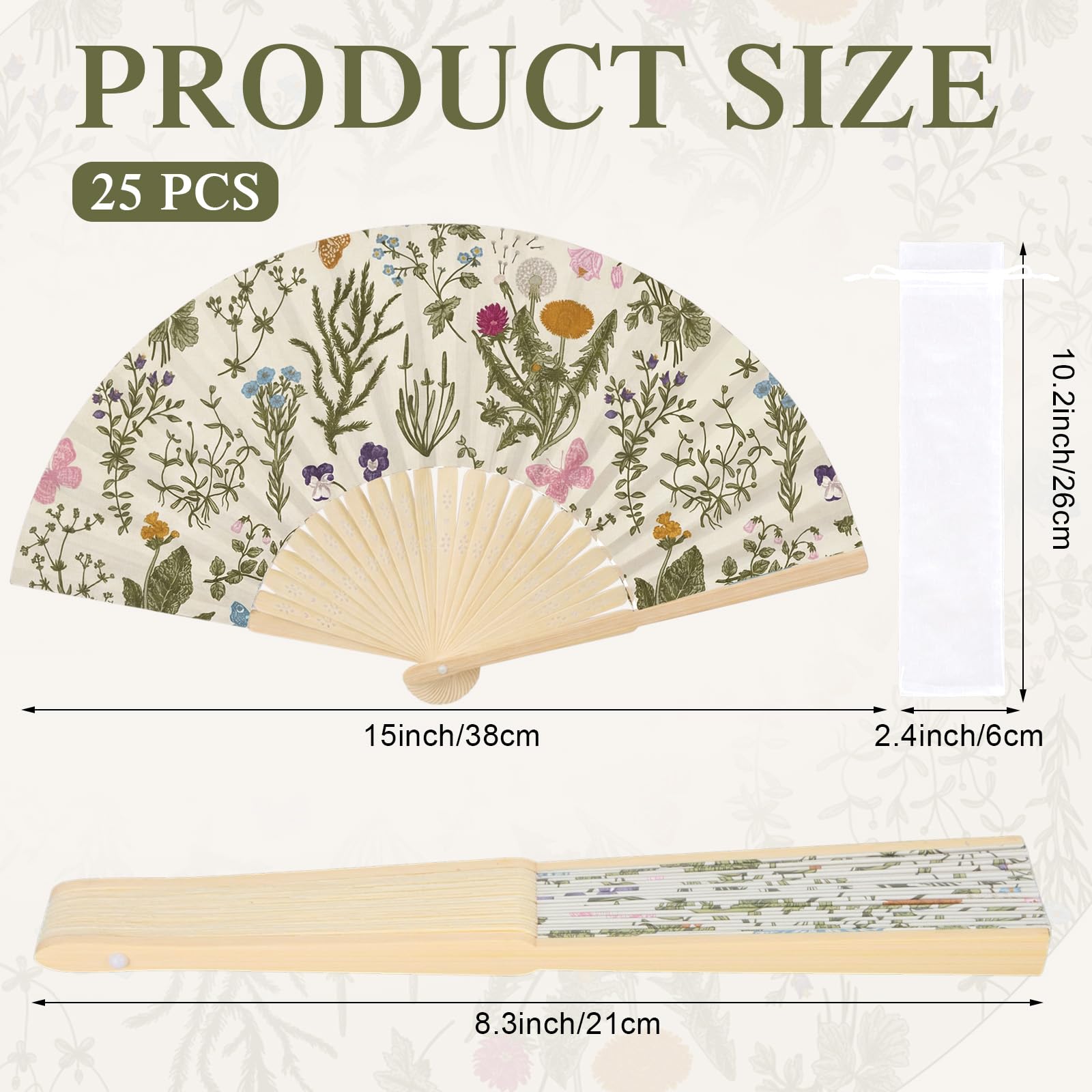 Faltbarer Handfächer mit Organza-Beuteln, Motiv: Wildblumen, Teeparty, Gastgeschenke für Gäste, faltbar, Vintage-Blume, Papierfächer für Hochzeit, Brautparty, Partyzubehör, 25 Stück