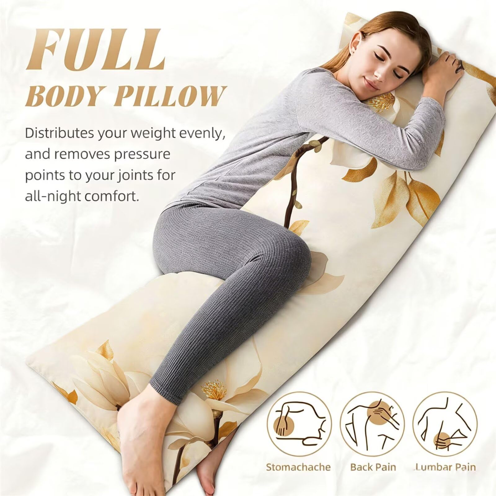 Funda de Almohada 60 x 180 cm Crema Protector Almohada 180 cm con Cremallera Invisible, Lino Durable y Transpirable Pillow Case Largas Flor Impresión a Doble Cara para Cama, Sofá y Dormitorio dg-227