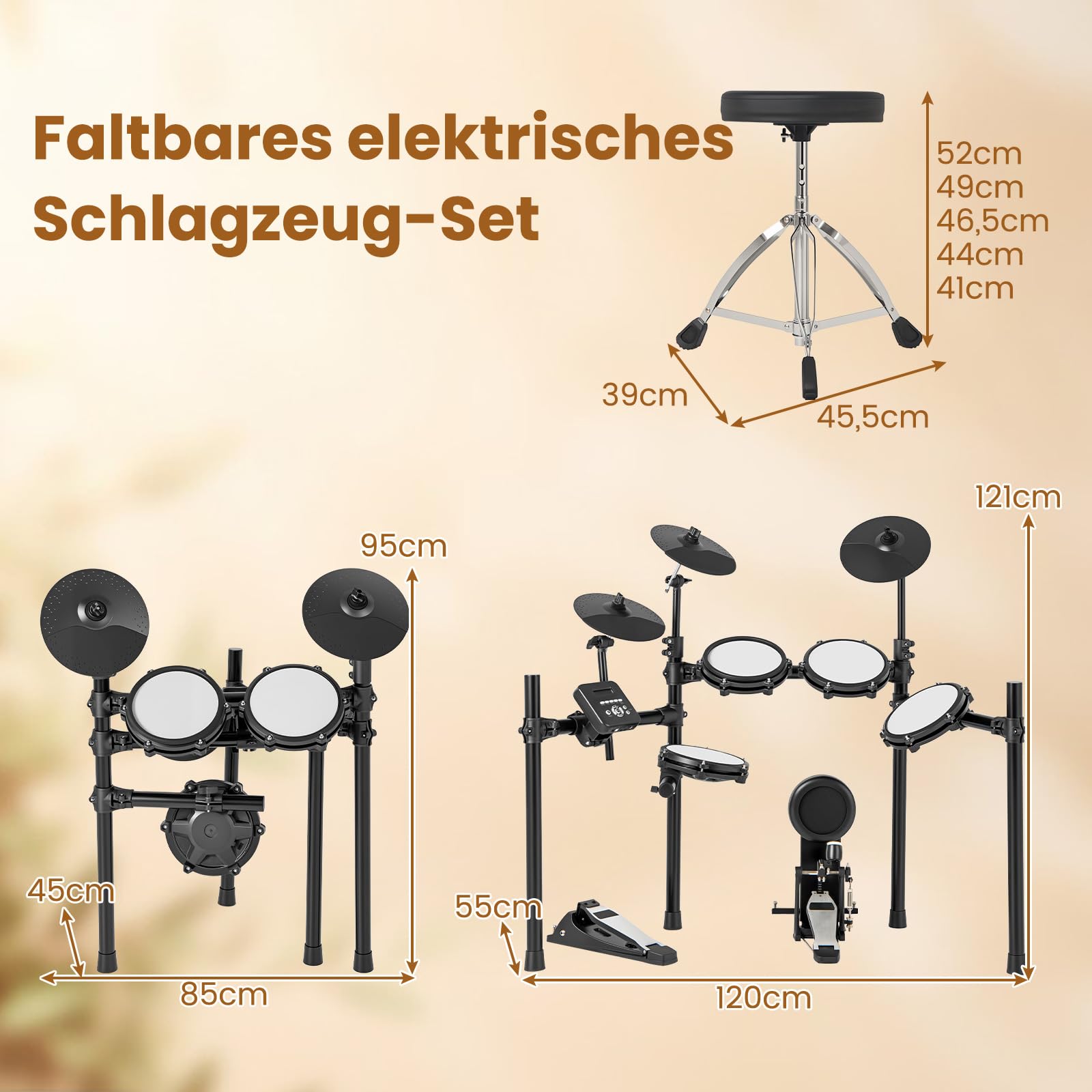 COSTWAY Zestawy E-Drum składane, 8-częściowy zestaw perkusyjny z padami mesh, 225 dźwięków i 30 demonstracji, metronom i USB MIDI, 2 pedały i 2 pałeczki perkusyjne, kompletny zestaw perkusji