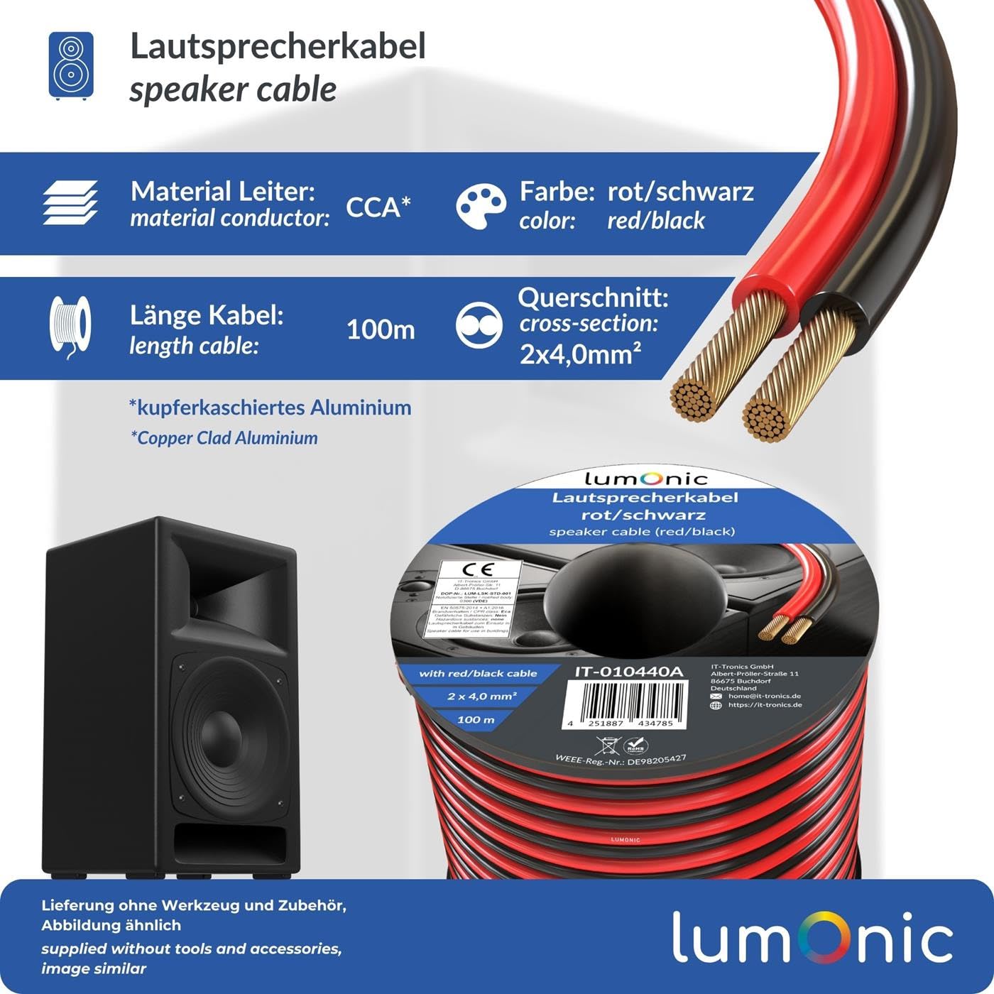 Lumonic Câbles de haut-parleurs | 100m Rouge Noir | 2x 4mm² CCA | Câble pour enceintes hi-fi | Ligne audio jumelée