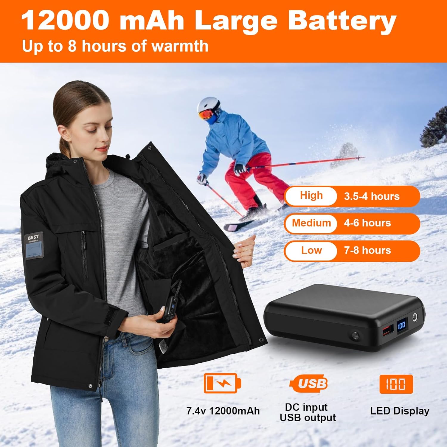 Heated Jacket for Women with Fleece Lining 12000mAh Battery Windproof Waterproof Women's Heated Coat Skiing Hunting - Image 3