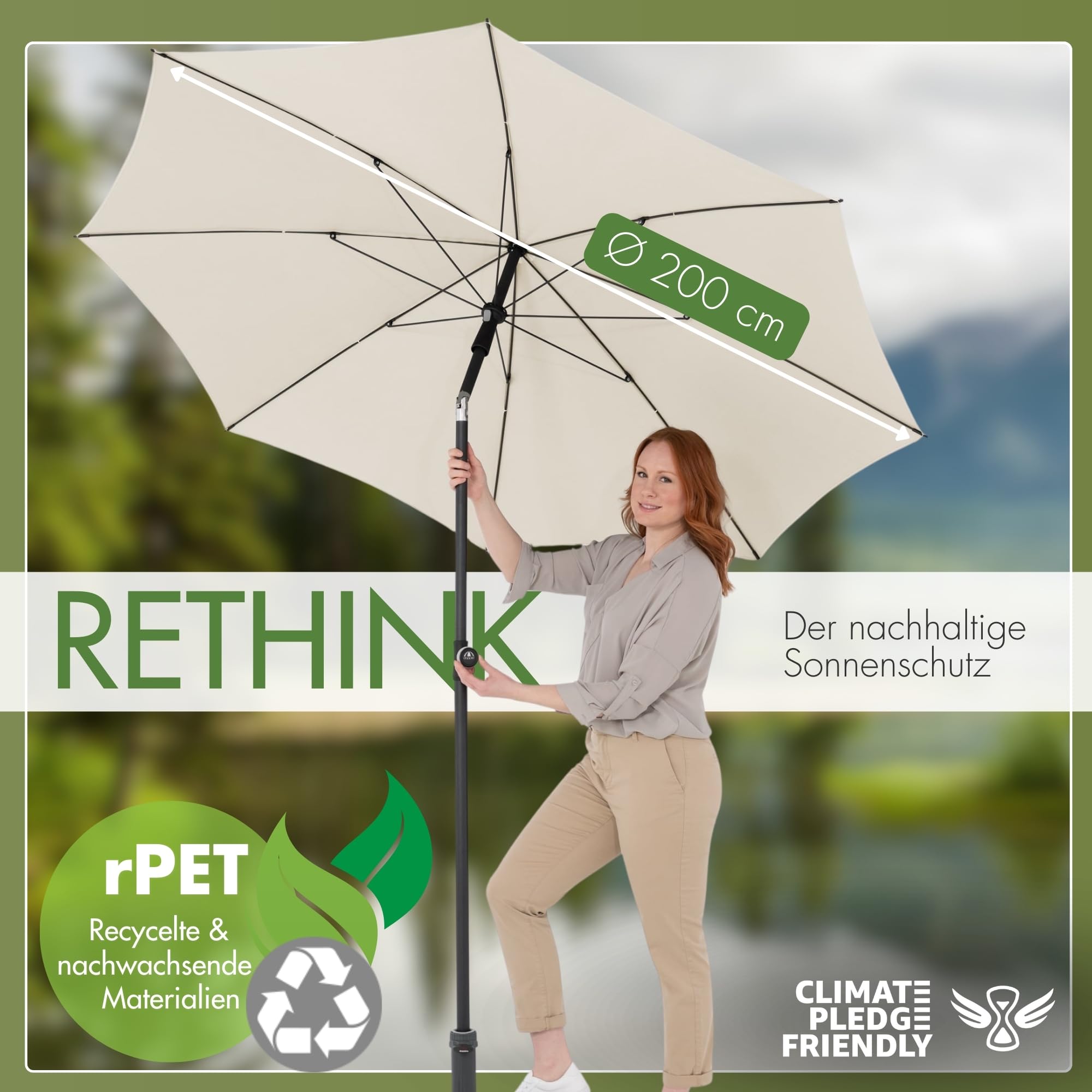 Doppler Sonnenschirm für den Garten Rethink 200cm in Natur - Runder Sonnenschirm für Balkon & Terrasse - Nachhaltiger Schirm aus 100% recyceltem Polyestergewebe - Balkonsonnenschirm mit Hülle
