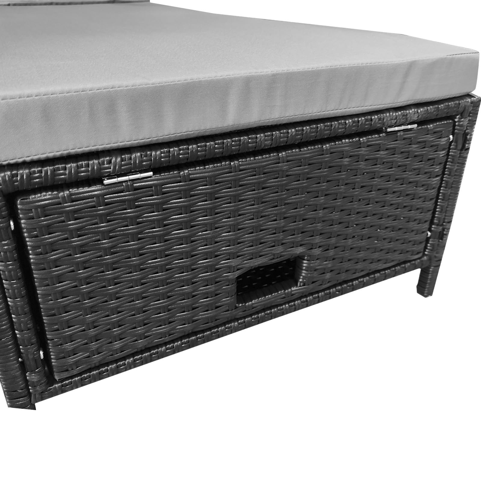 Leżak ogrodowy, leżak rattanowy z miejscem do przechowywania, odchylane oparcie, mobilny leżak z poduszkami, polirattan, metal, 200 x 75 x 30-92 cm (czarny/szary)