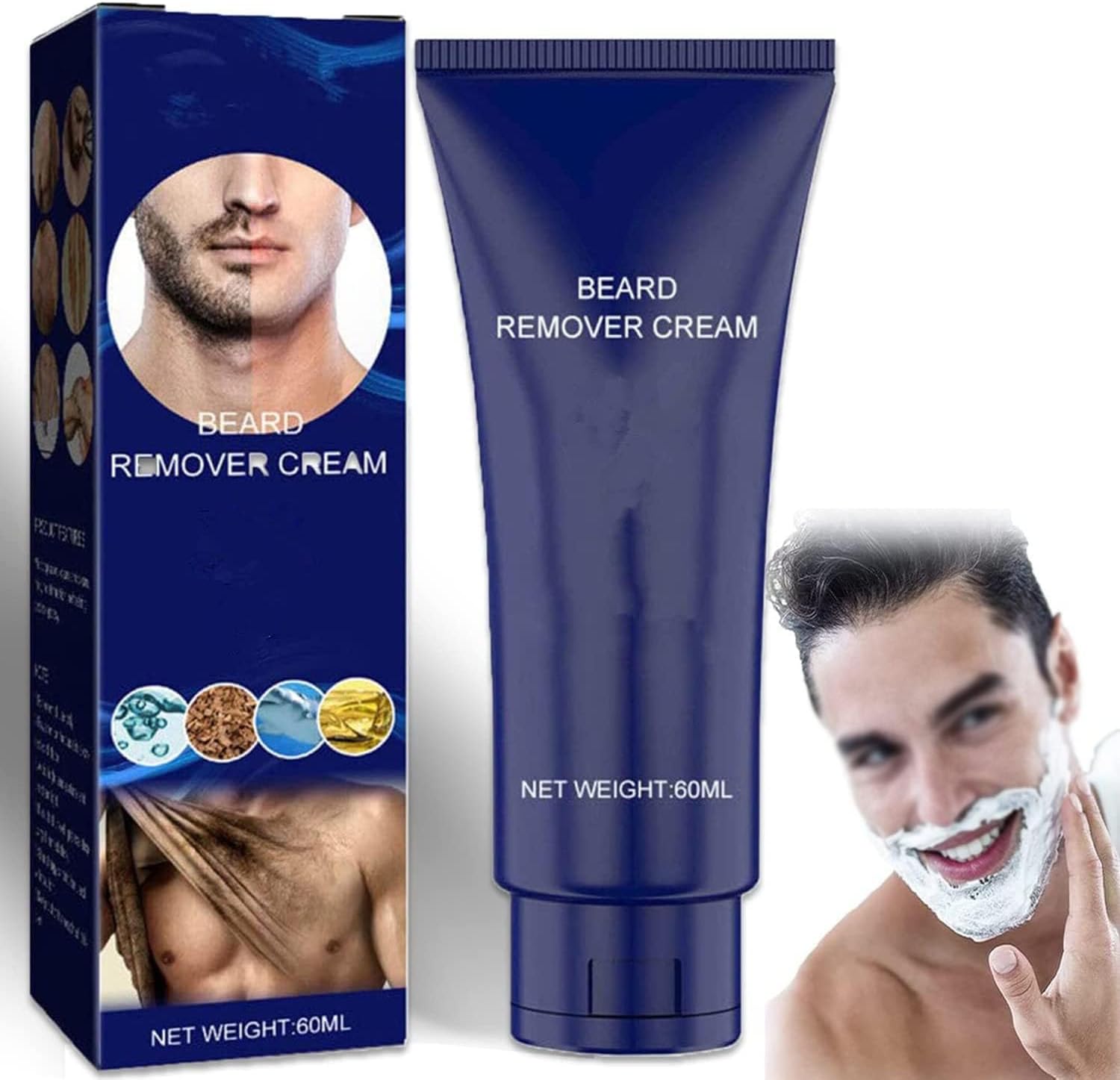 Men Permanent Hair Beard Removal Cream, Depilatory Paste for Face, Gentle Fast-Acting Hair Remover for Beard, Facial & Body, Painless Hair Removal Cream for Men, Suitable for All Skin Types (1)