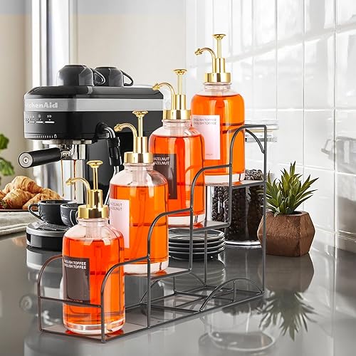 Miniatura 6 de Estante para jarabe para accesorios de barra de café, organizador de botellas de hierro con 4 compartimentos, estante de almacenamiento de encimera,