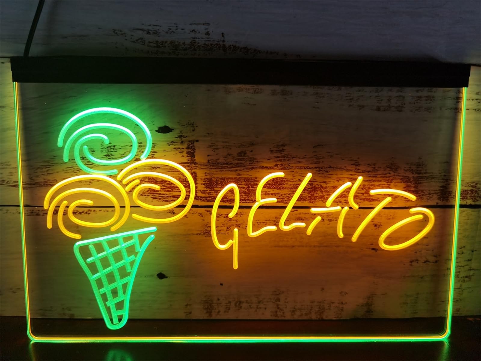 REWIS Gelato LED Neon Signs, USB Powerd 3-Level Dimming Neon Lights, for Ice Cream Shop Ads Decor,Green Yellow,40x30cm