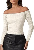 QINSEN Women's Off-Shoulder Lace Trim Long Sleeve Top - Y2K Trendy Double Lined T-Shirt for Flattering Modest Fit