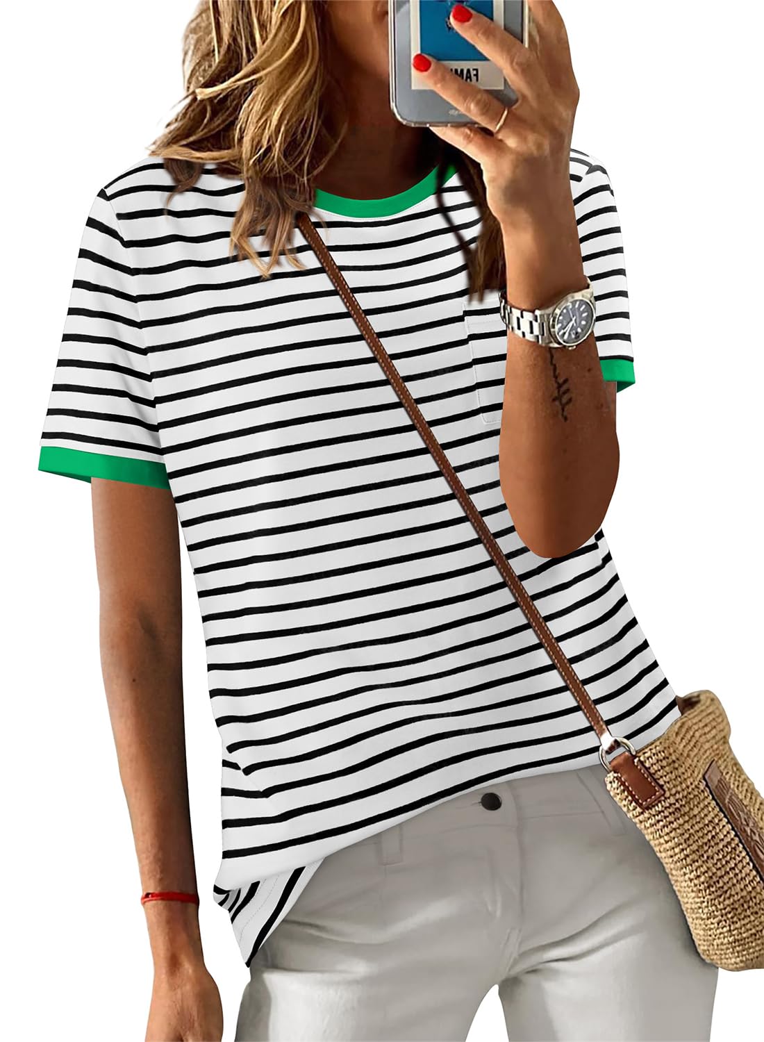 KISSMODA Womens Short Sleeve Shirts Casual Striped Tshirts Basic Tee Tops Summer Fashion Colorblock Clothes