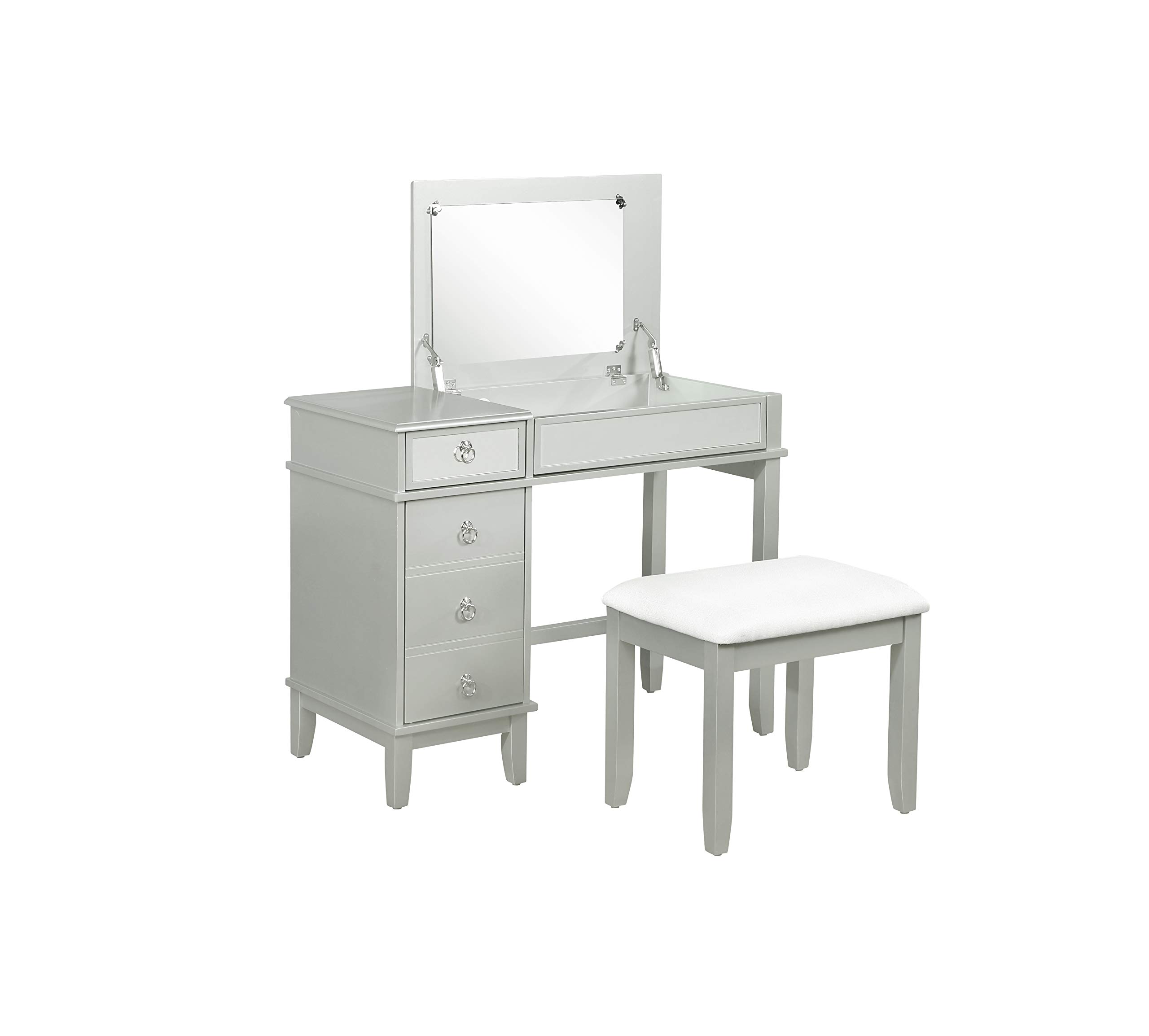 Linon Silver and Mirror Accented Set with Upholstered Stool Ryley Vanity