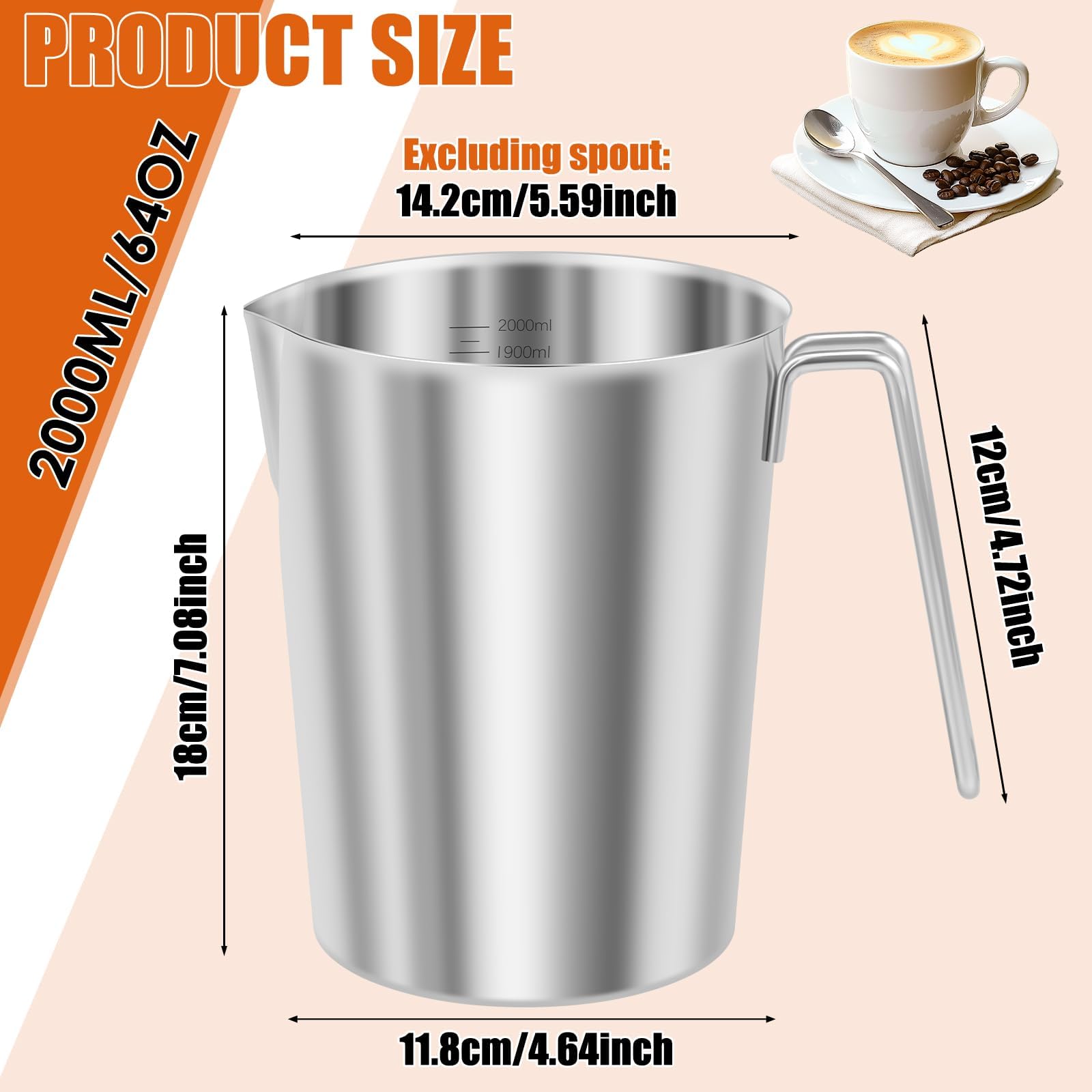 Jarra medidora de acero inoxidable 304 con mango y boquilla de vertido, jarra de espuma de leche con marcado transparente, boca grande, jarra de café de leche de acero inoxidable de gran capacidad