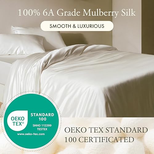 Miniatura 2 de LilySilk Sábanas de seda de morera de 4 piezas, 19 sábanas de seda Momme, 1 sábana encimera, 1 sábana bajera y 2 fundas de almohada de seda Oxford,