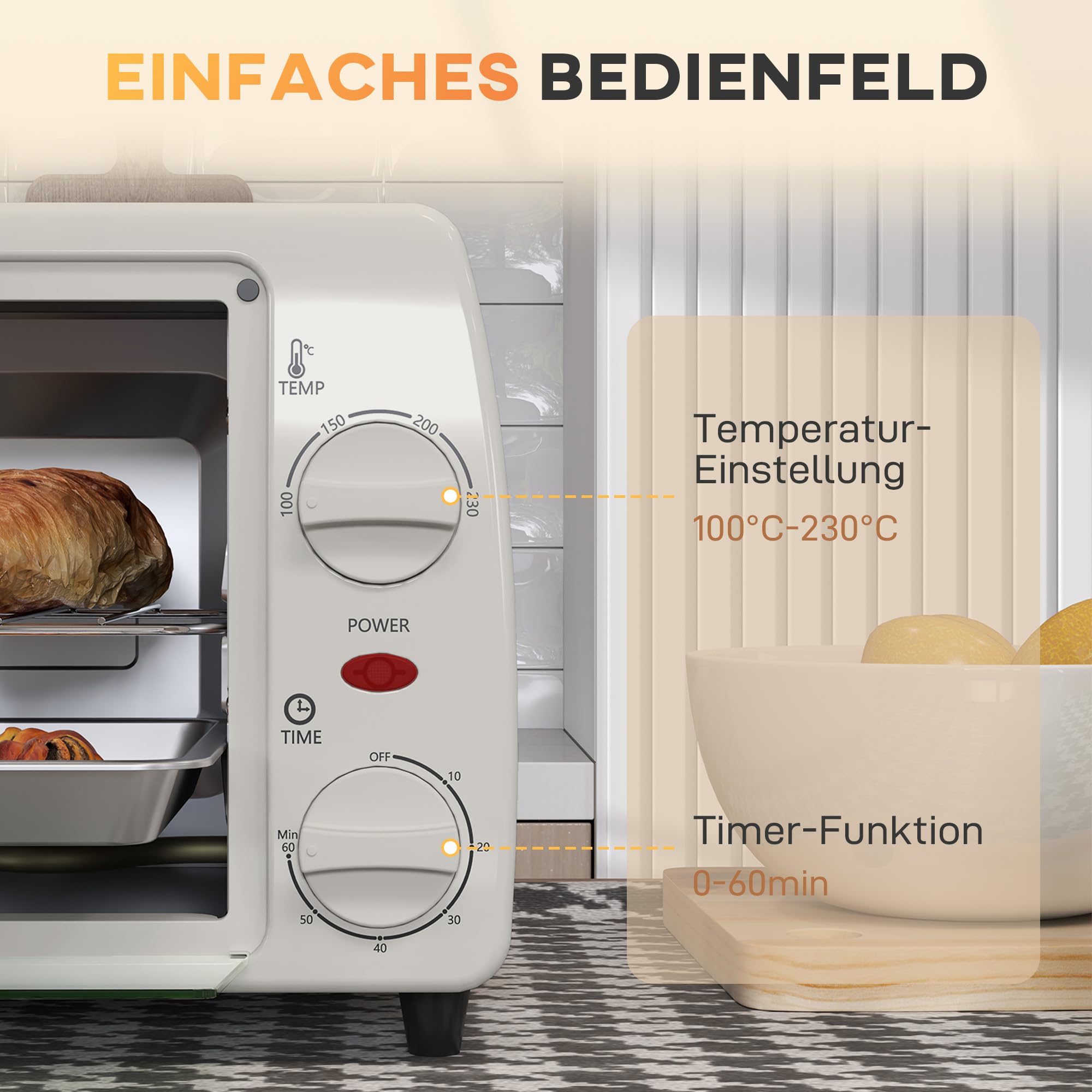 HOMCOM Horno eléctrico 10L 750W 230°C 60min 36,5x26x22cm Crema
