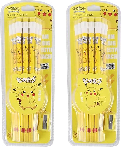 GLALY 12 lápices de anime, bonitos borradores con parte superior de lápiz, lápices amarillos, lápices kawaii, regalos para niños, suministros
