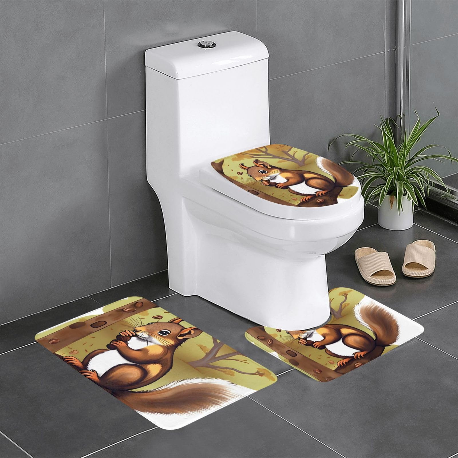 Tapis de salle de bain antidérapants absorbants lot de 3 avec contour WC motif écureuil