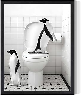 XOCUUI Black And White Bathroom Decor, Cute Decor Canvas, Funny Bathroom Wall Art Animal Penguin In Bathtub Posters, Cute Animal Wall Art For Kid'S Room 8''X10'' Unframed